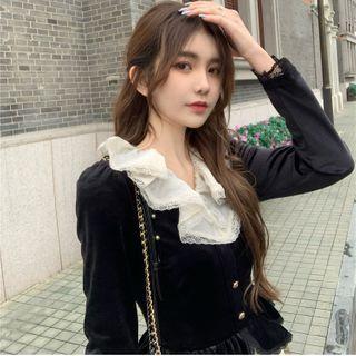 Lace Velvet V-neck Long-sleeve Slim-fit Blouse