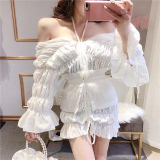 Halter-neck Shirred Ruffled Mini Sheath Dress White - One Size