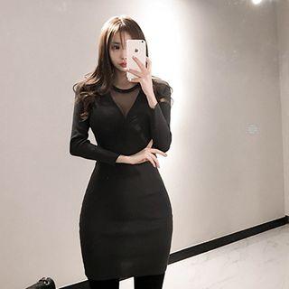 Mesh Panel Long-sleeve Mini Sheath Knit Dress Black - One Size