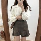 Polo Neck Knit Top / Plaid A-line Mini Skirt