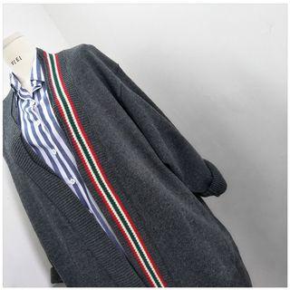 Contrast Stripe Lettering Applique Long Cardigan