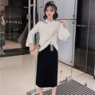Long-sleeve Cold Shoulder Drawstring Knit Top / Midi Skirt