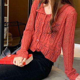 Peter-pan Collar Cutout Cardigan Red - One Size