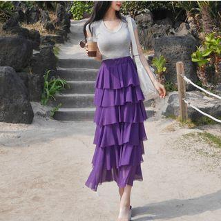 Set: V-neck Short-sleeve T-shirt + Midi Tiered Skirt