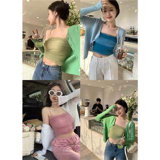 Long-sleeve Plain Light Cardigan / Spaghetti Strap Mesh Top