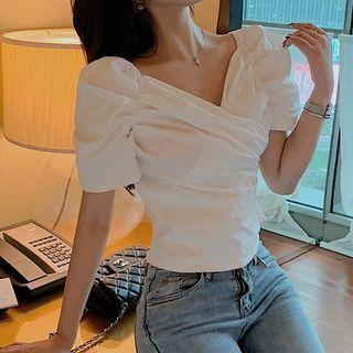 V-neck Puff Short-sleeve Blouse White - One Size