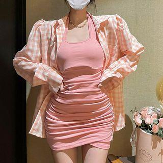 Spaghetti-strap Halter Neck Mini Sheath Dress / Gingham Shirt