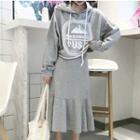 Set: Printed Hoodie + Spaghetti Strap Midi Dress