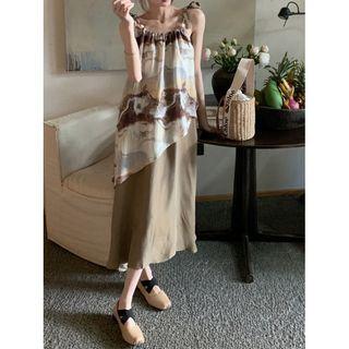 Spaghetti Strap Print Midi Smock Dress Brown - One Size
