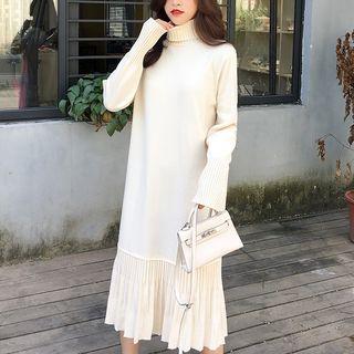 Turtleneck Pleated Hem Midi Sweater Dress