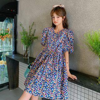 Puff-sleeve Cartoon Print Smock Dress