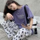 Elbow-sleeve Lettering Loose-fit T-shirt / Star Print Straight Leg Pants