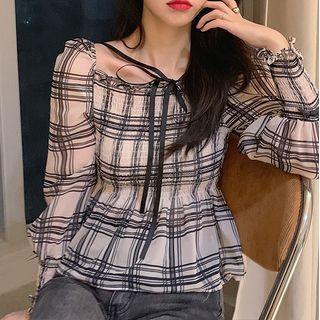 Long-sleeve Plaid Shirred Peplum Top