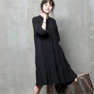 Mandarin-collar Hidden-button Tiered Shirtdress