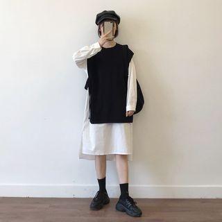 Long-sleeve Midi Shirtdress / Side-tie Vest