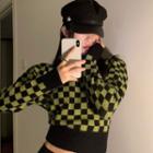 Checkered Cropped Sweater Checkered - Green & Black - One Size