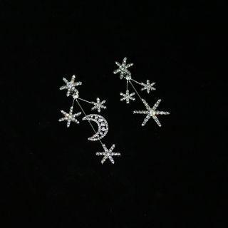 Moon & Star Rhinestone Asymmetrical Fringed Earring 1 Pair - Silver - One Size