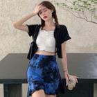 Short-sleeve Drawstring Cardigan / Contrast Trim Shirred Top / Tie Dye Slim Fit Skirt