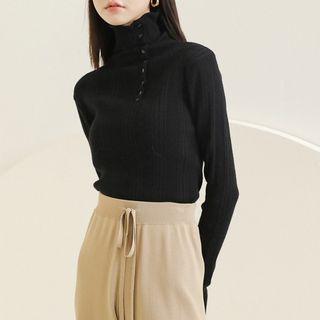 Button-detail Turtle-neck Plain Long-sleeve Knit Top Black - One Size