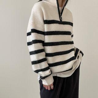 Zip-detail Striped Knit Top