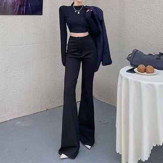 Long-sleeve Crop Top / High Waist Bootcut Dress Pants