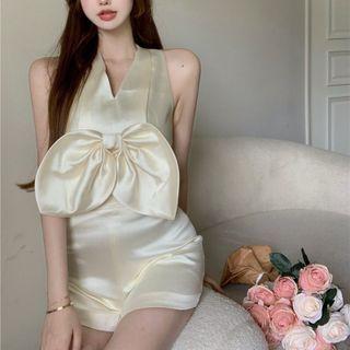 V-neck Plain Bow Accent Halter Top / High-waist Shorts (various Design)