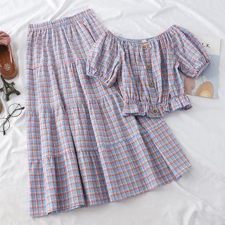 Set: Short-sleeve Plaid Top + Midi Skirt