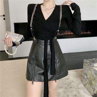 Long-sleeve V-neck Plain Slim-fit Top / Faux-leather Skirt