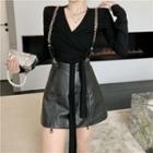 Long-sleeve V-neck Plain Slim-fit Top / Faux-leather Skirt