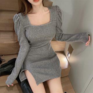 Square-neck Plain Mini Dress Gray - One Size