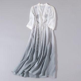 3/4-sleeve Gradient Maxi A-line Dress Off-white - One Size