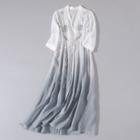 3/4-sleeve Gradient Maxi A-line Dress Off-white - One Size