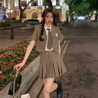 Short-sleeve Blazer / Pleated Mini A-line Skirt / Short-sleeve Top / Neck-tie / Set