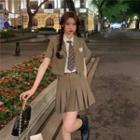Short-sleeve Blazer / Pleated Mini A-line Skirt / Short-sleeve Top / Neck-tie / Set