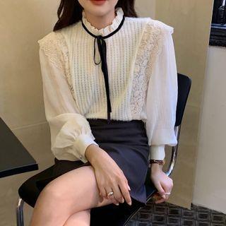 Long-sleeve Tie-neck Lace Trim Blouse Milky White - One Size
