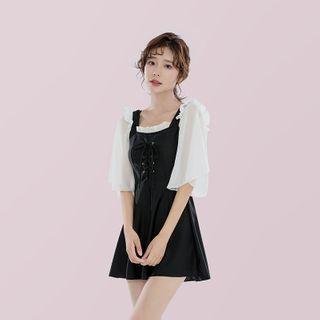 Elbow-sleeve Frill Trim Swimdress