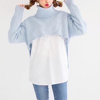 Set: Long-sleeve Plain Shirt + Turtleneck Cropped Sweater