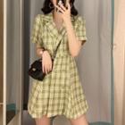 Short-sleeve Plaid Double-breasted Mini A-line Blazer Dress