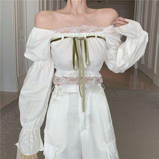 Off-shoulder Puff-sleeve Tie-neck Lace Trim Blouse White - One Size