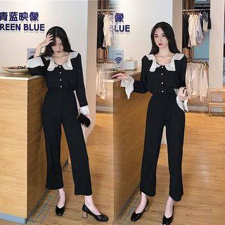 Contrast-collar Blouse Black - One Size