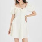 Plain Cotton Puff-sleeve Square-neck Dress