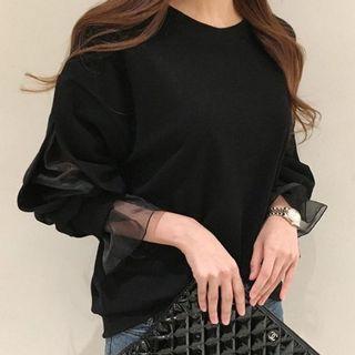 Long-sleeve Mesh Trim Blouse Black - One Size