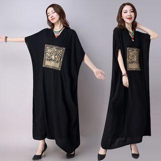V-neck Embroidered Elbow-sleeve Midi Dress
