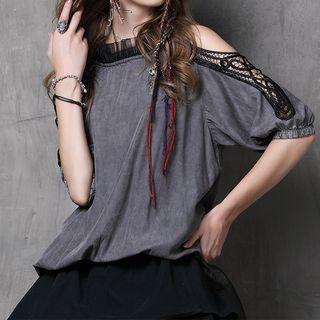 Cold Shoulder Elbow Sleeve Lace Trim Denim Top