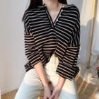 Long-sleeve Striped Buttoned Knit Top Stripes Knit Top - One Size
