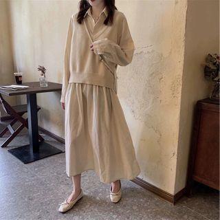 Set: Plain Knit Vest + Long-sleeve Dress