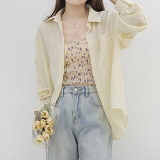 Set: Pocket Detail Shirt + Floral Cropped Camisole Top