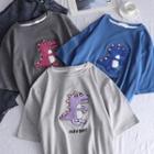 Elbow-sleeve Dinosaur Applique T-shirt