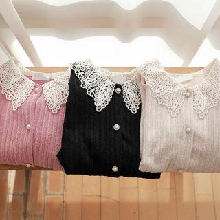 Lace-collar Rib-knit Cardigan