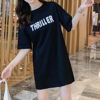 Set: Elbow-sleeve Letter T-shirt Dress + Denim Skirt